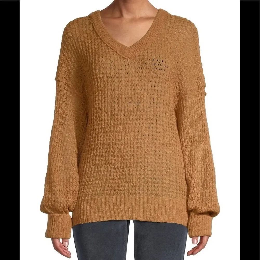 Free People Tan V-Neck Knitted Tunic Sweater